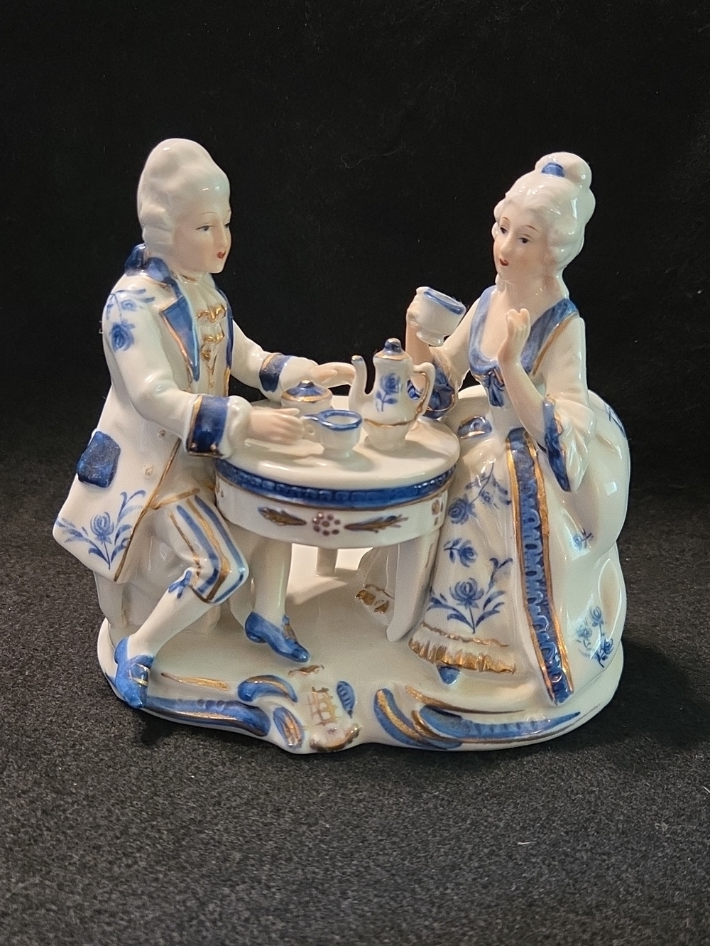 Victorian Lady and Gentleman Ceramic Figurines - Tea Time in Blue, White, Gold